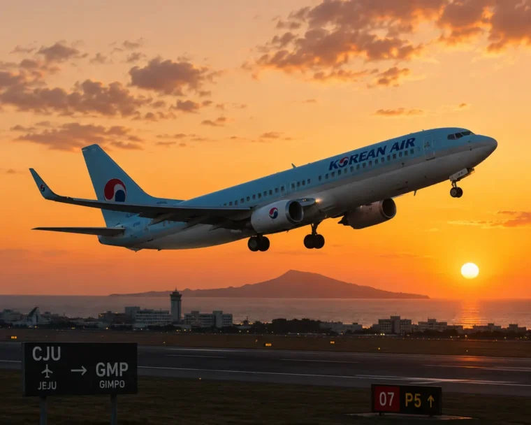 A Korean Air passenger jet taking off on a direct flight from jeju to gimpo airport at sunset.