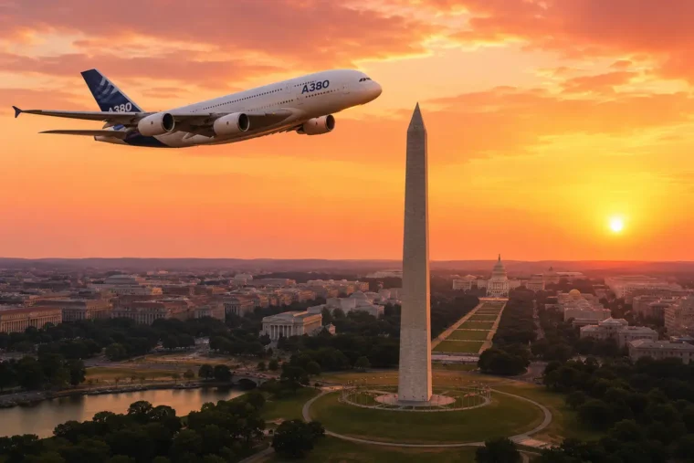 An airplane flying over the Washington Monument representing Las Vegas to Washington flights.