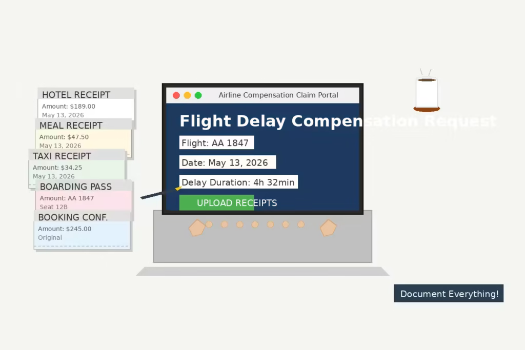 A person typing on a laptop with a stack of receipts next to them. Alt Text: Traveler organizing receipts to file a flight cancellation and delay claim online.