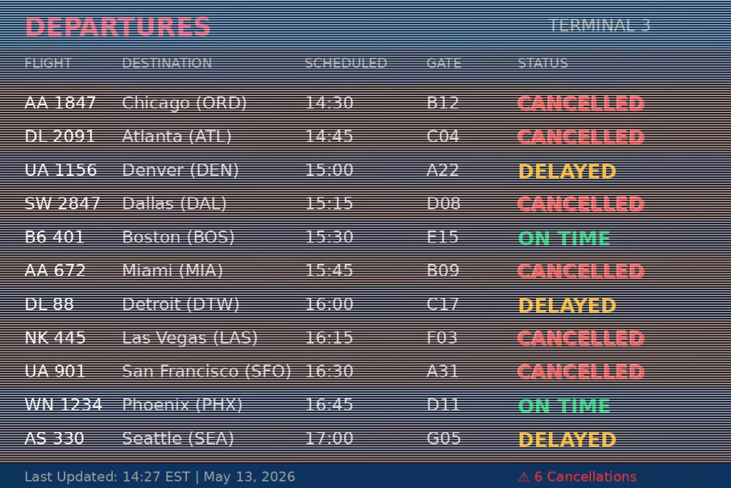 A close-up of an airport departure board showing multiple red "Cancelled" statuses. Alt Text: Airport departure board displaying flight cancellations today