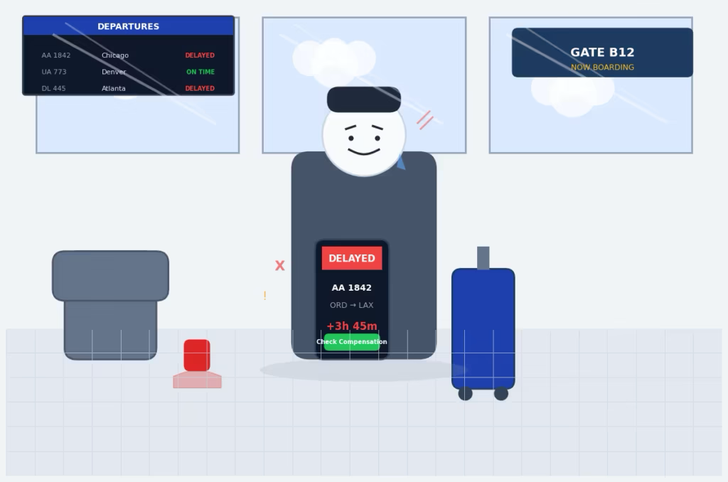 A frustrated traveler looking at a smartphone screen with a delayed flight notification. Alt Text: Passenger checking flight delay compensation on smartphone at the airport.
