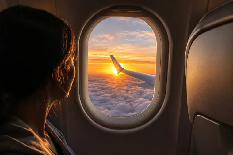 Passenger view from airplane window during long-haul Dhaka to New York flight