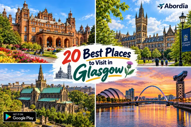 Best places to visit in Glasgow featuring Kelvingrove Museum, Glasgow Cathedral, the University of Glasgow and the River Clyde.